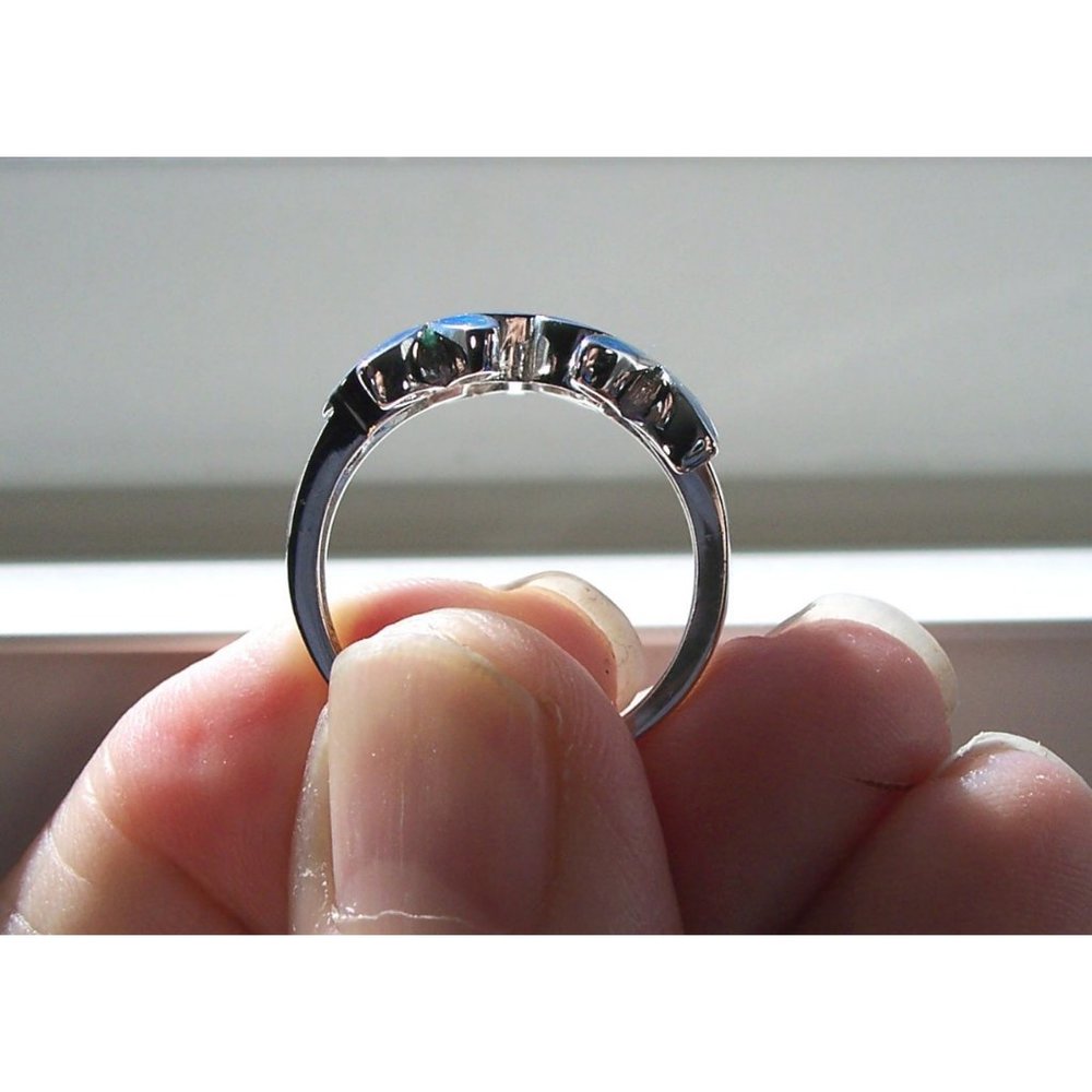 925 STERLING SILVER Lab Created Blue Fire Opal Hawaiian Plumeria Ring - Picture 7 of 16